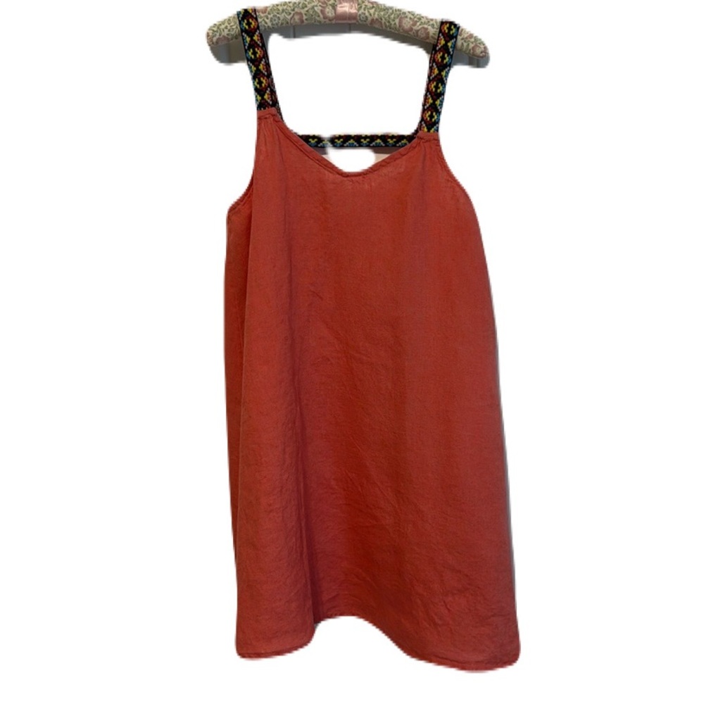 Tropical Coral 100% Linen Mini sundress w/multicolored shoulder straps: